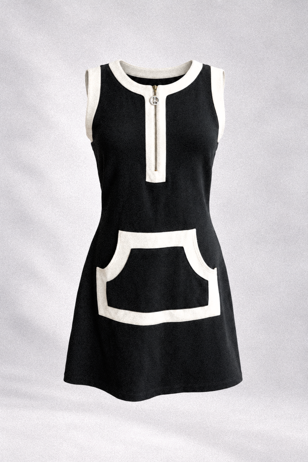 Black sleeveless dress with white trim and a front pocket